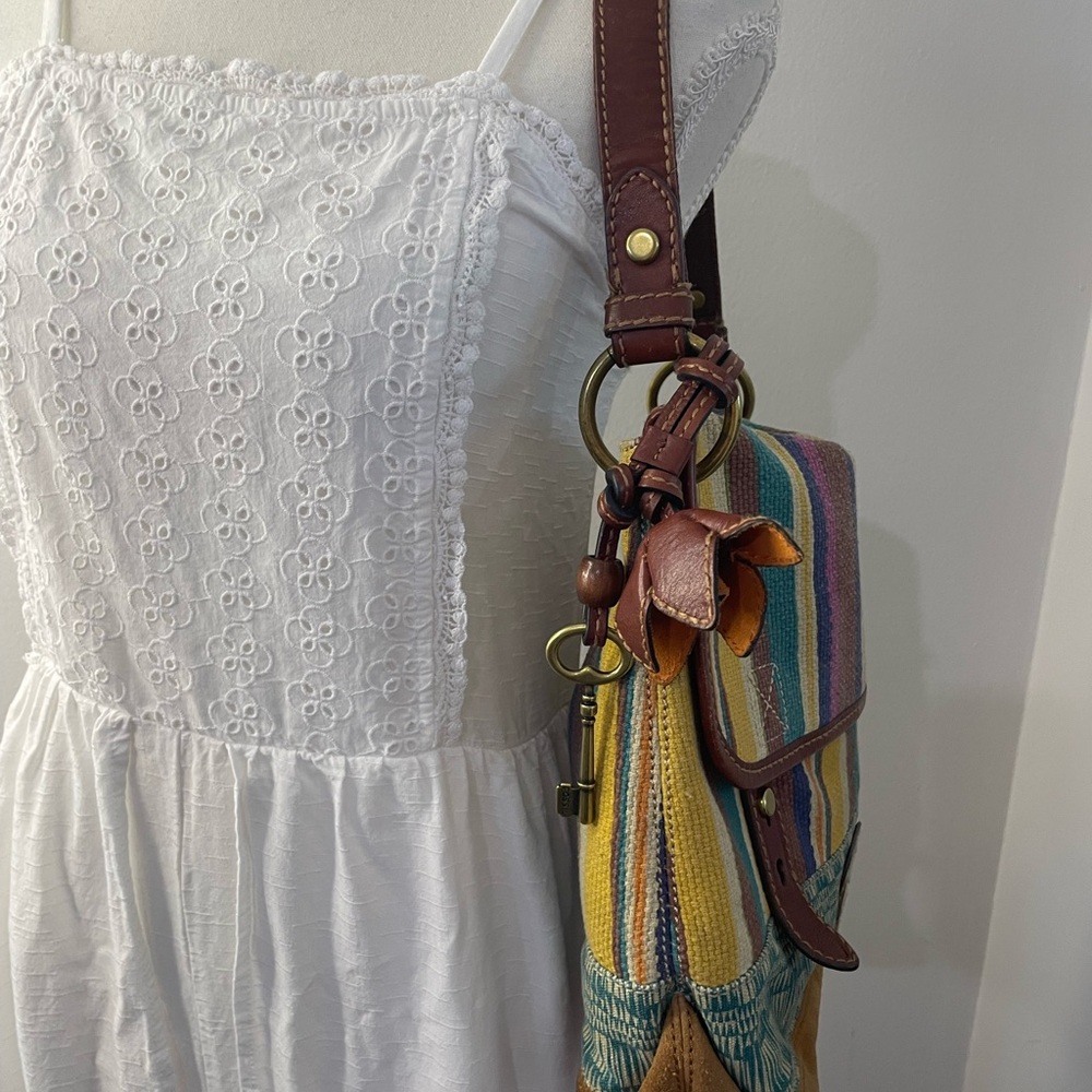 Fossil Multicolor Stripe Canvas Shoulder Bag with Brown Leather Trim